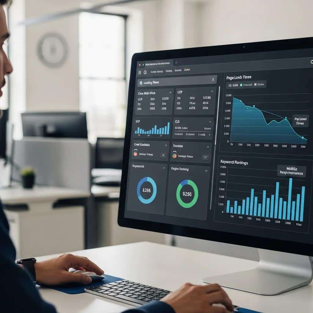 Close-up of a computer screen showing website performance metrics related to technical SEO