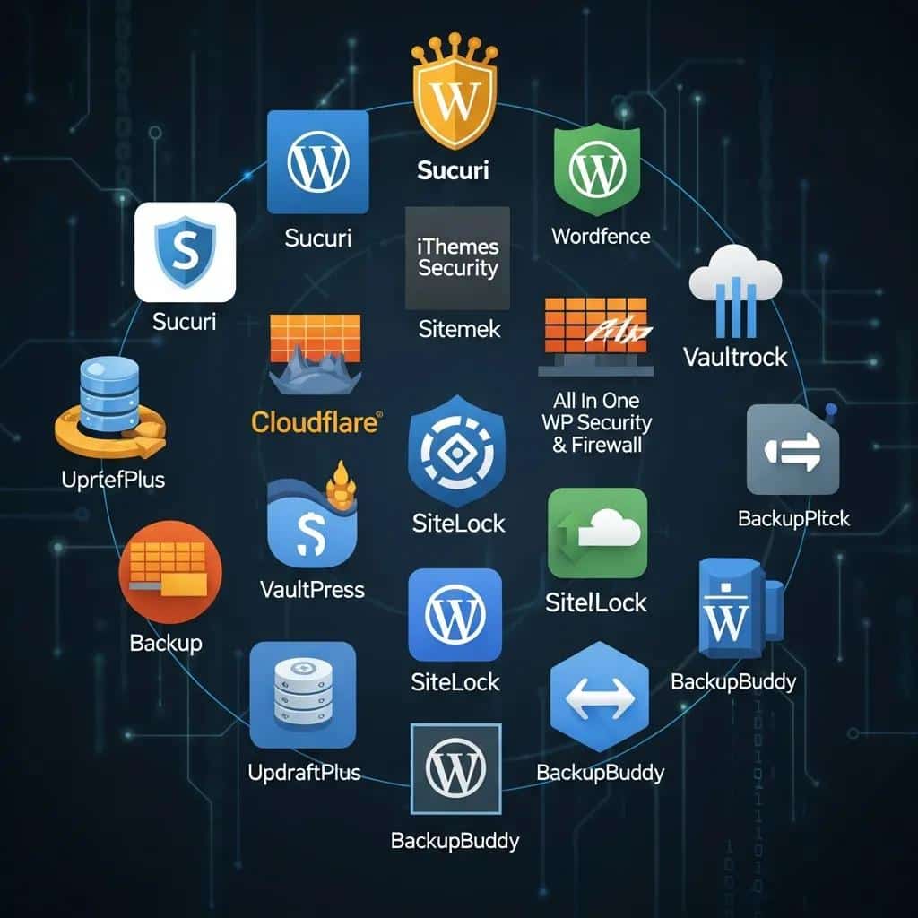 Collection of WordPress security tools icons including plugins and firewalls