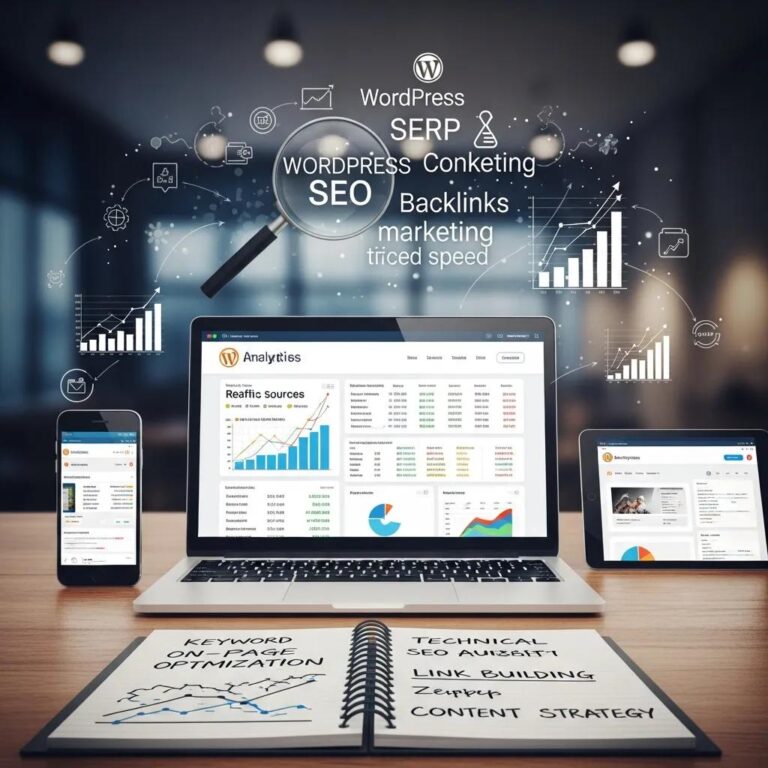 Blog 2 Laptop with website analytics dashboard and SEO elements illustrating WordPress SEO techniques