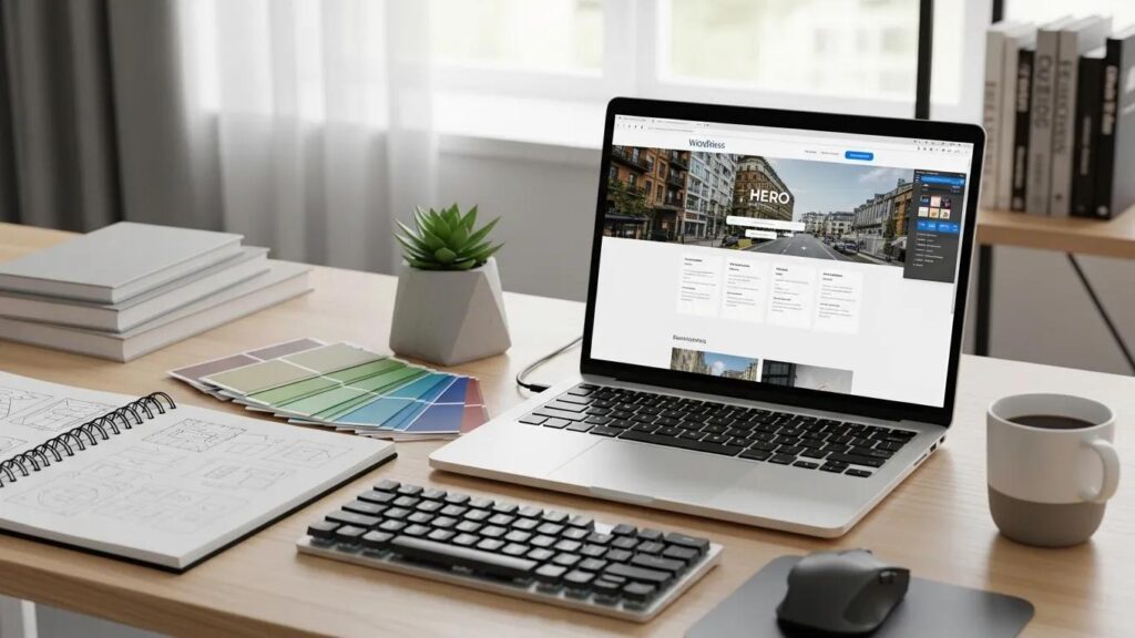 Modern workspace with a laptop showing a custom WordPress theme design and creative tools