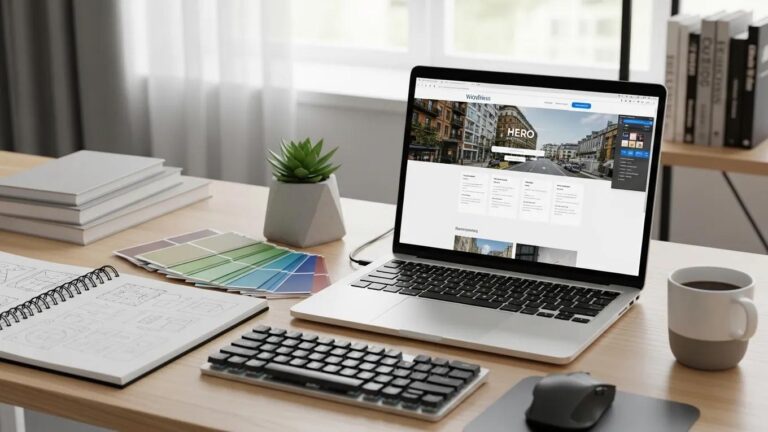 Blog 1 Modern workspace with a laptop showing a custom WordPress theme design and creative tools