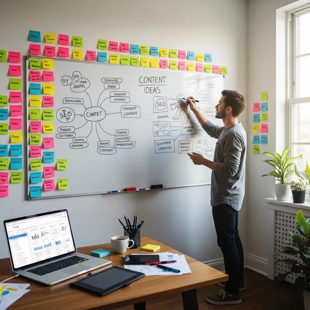 Person brainstorming content ideas in a creative workspace, highlighting content strategy for SEO