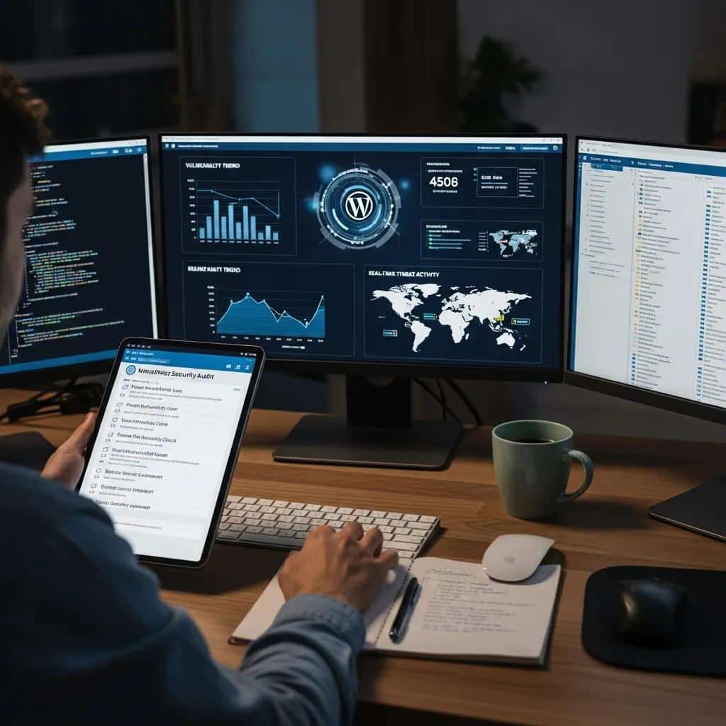 Person conducting a security audit with a checklist and digital metrics