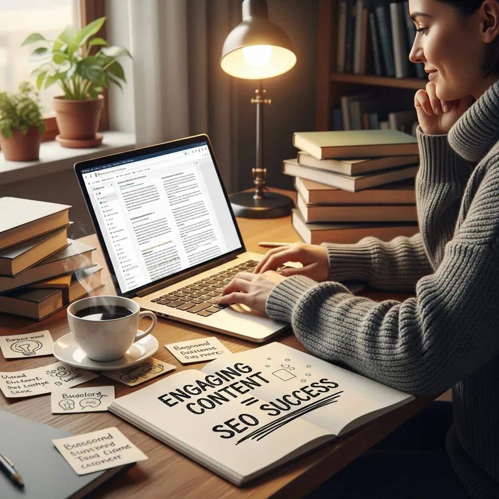 Person creating high-quality content on a laptop in a cozy workspace
