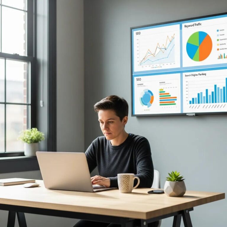 Blog 2 Person working on a laptop in a modern workspace, emphasizing WordPress SEO success