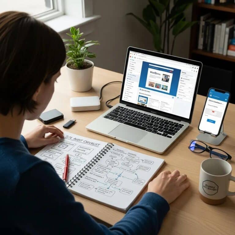 Blog 6 Person working on WordPress troubleshooting with tools and notes