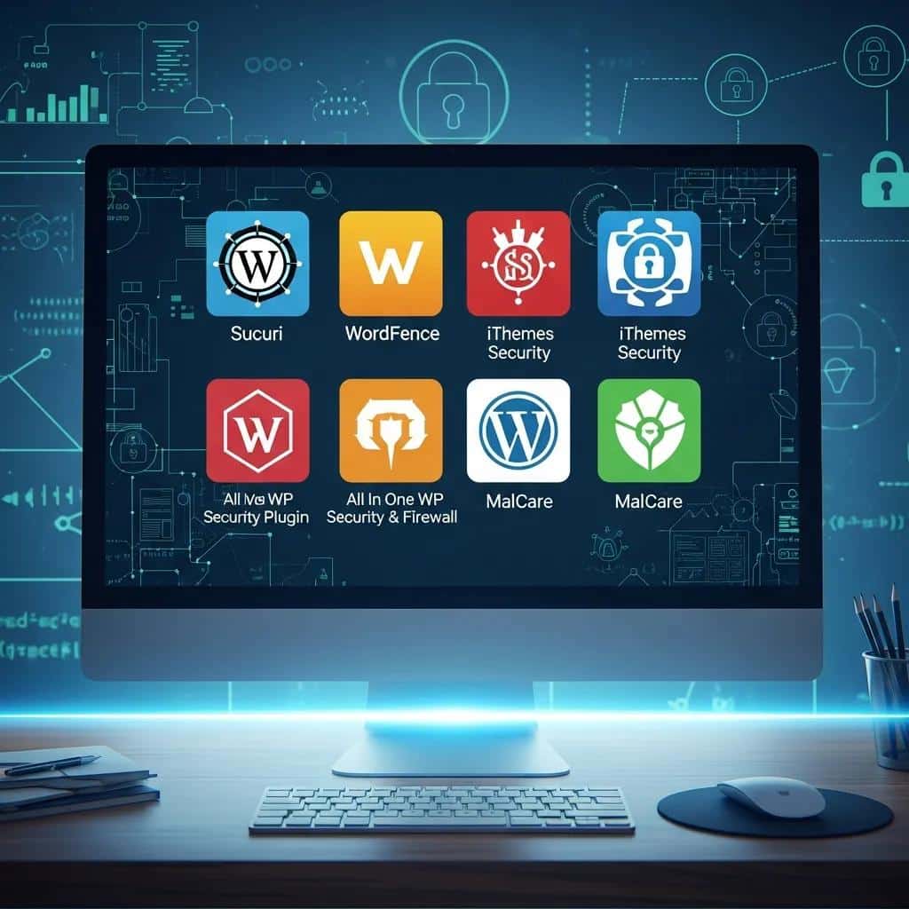 Selection of WordPress security plugins displayed on a computer screen