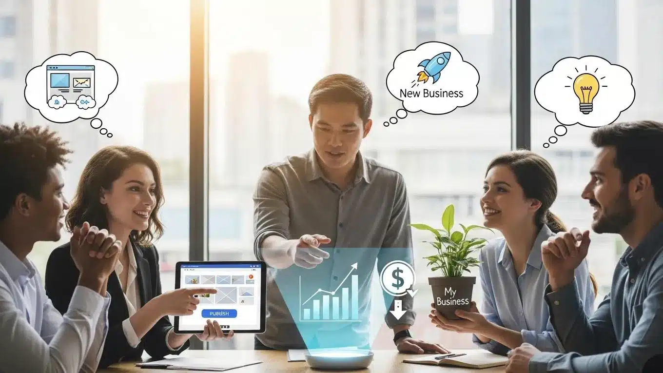 AI Website Builder for Small Business: The Managed Approach Explained 1 Small business owners discussing the benefits of AI website builders in a collaborative setting