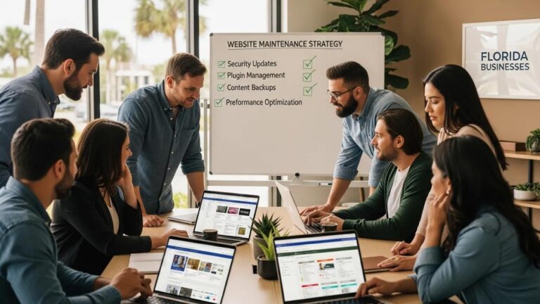 Blog 7 Team collaborating on WordPress maintenance in a professional office setting
