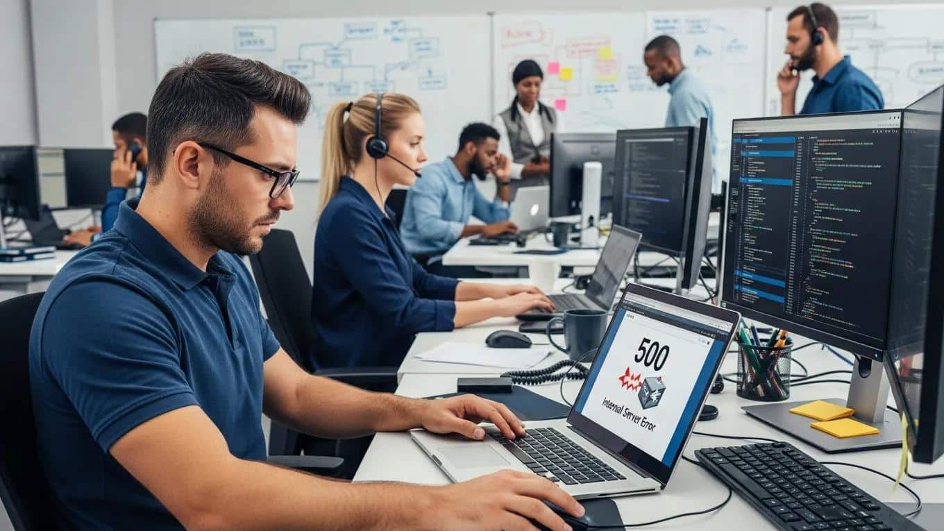 How Quickly Can Your WordPress Support Team Resolve Urgent Issues or Downtime? 1 Technician analyzing a website crash issue on a laptop screen