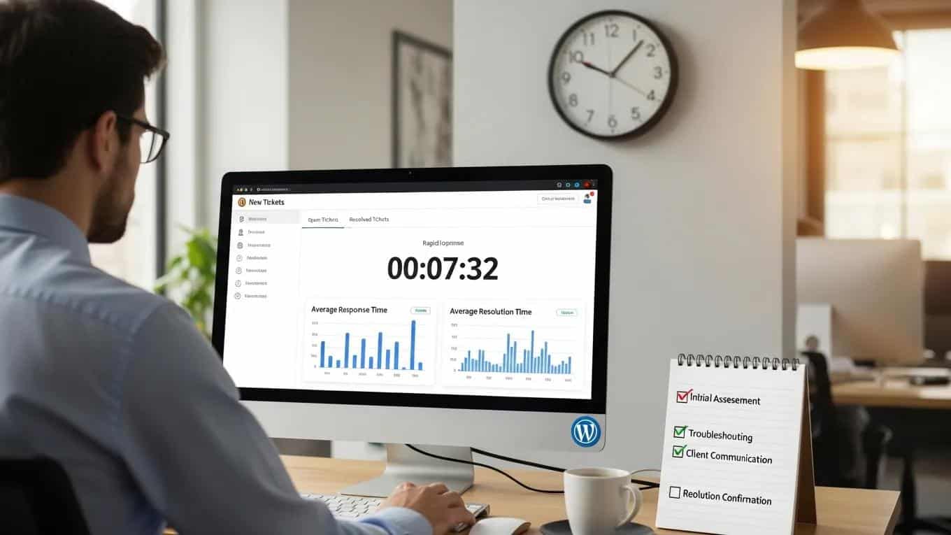 How Quickly Can Your WordPress Support Team Resolve Urgent Issues or Downtime? 2 Technician tracking WordPress support ticket lifecycle and response times