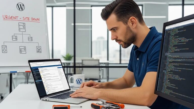 Blog 4 Technician troubleshooting WordPress site issues in a modern office