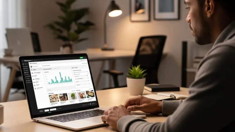 Blog 5 WooCommerce online store interface on a laptop in a modern workspace