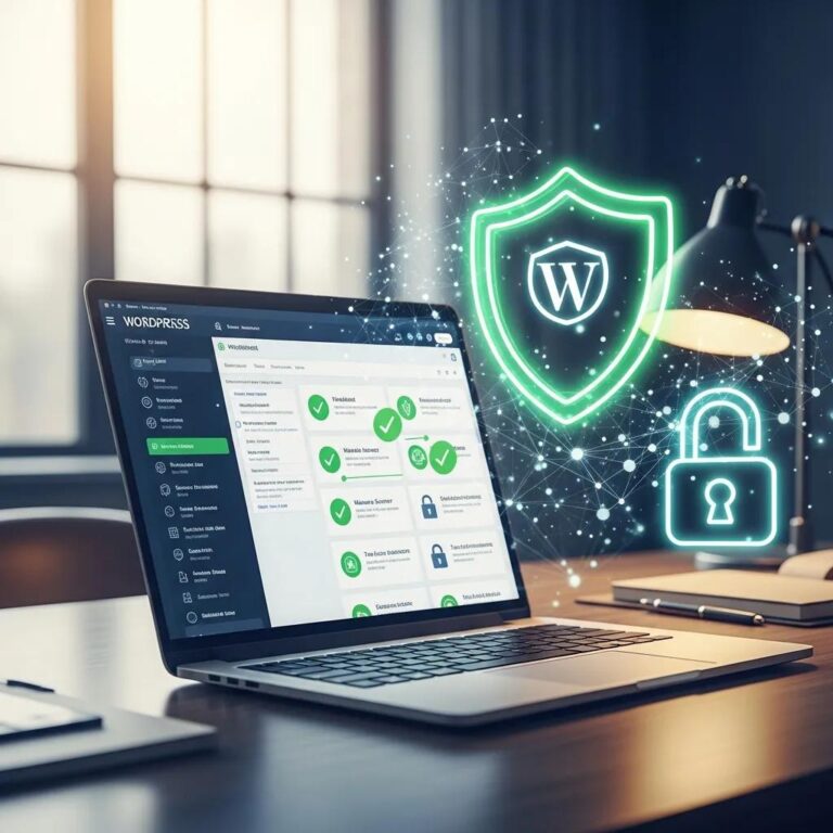 Blog 4 WordPress website security environment with a laptop, shield, and lock