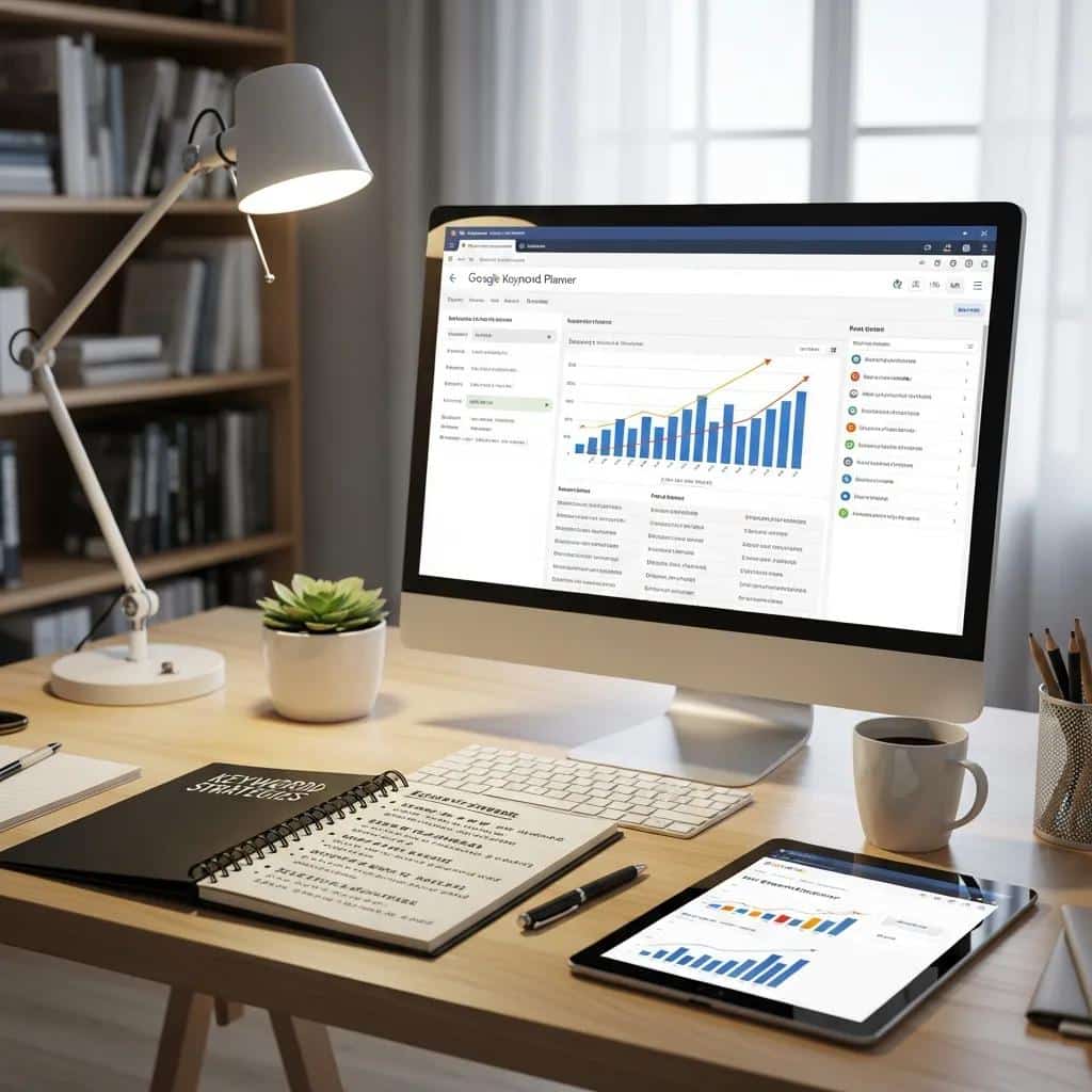Workspace with computer screen showing keyword optimization tools for WordPress SEO
