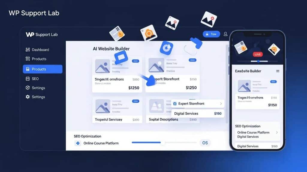 AI website builder interface showcasing real-time expertise storefront generation with product listings and SEO tags