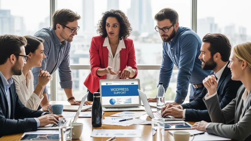 Business owners discussing WordPress support services in a modern office