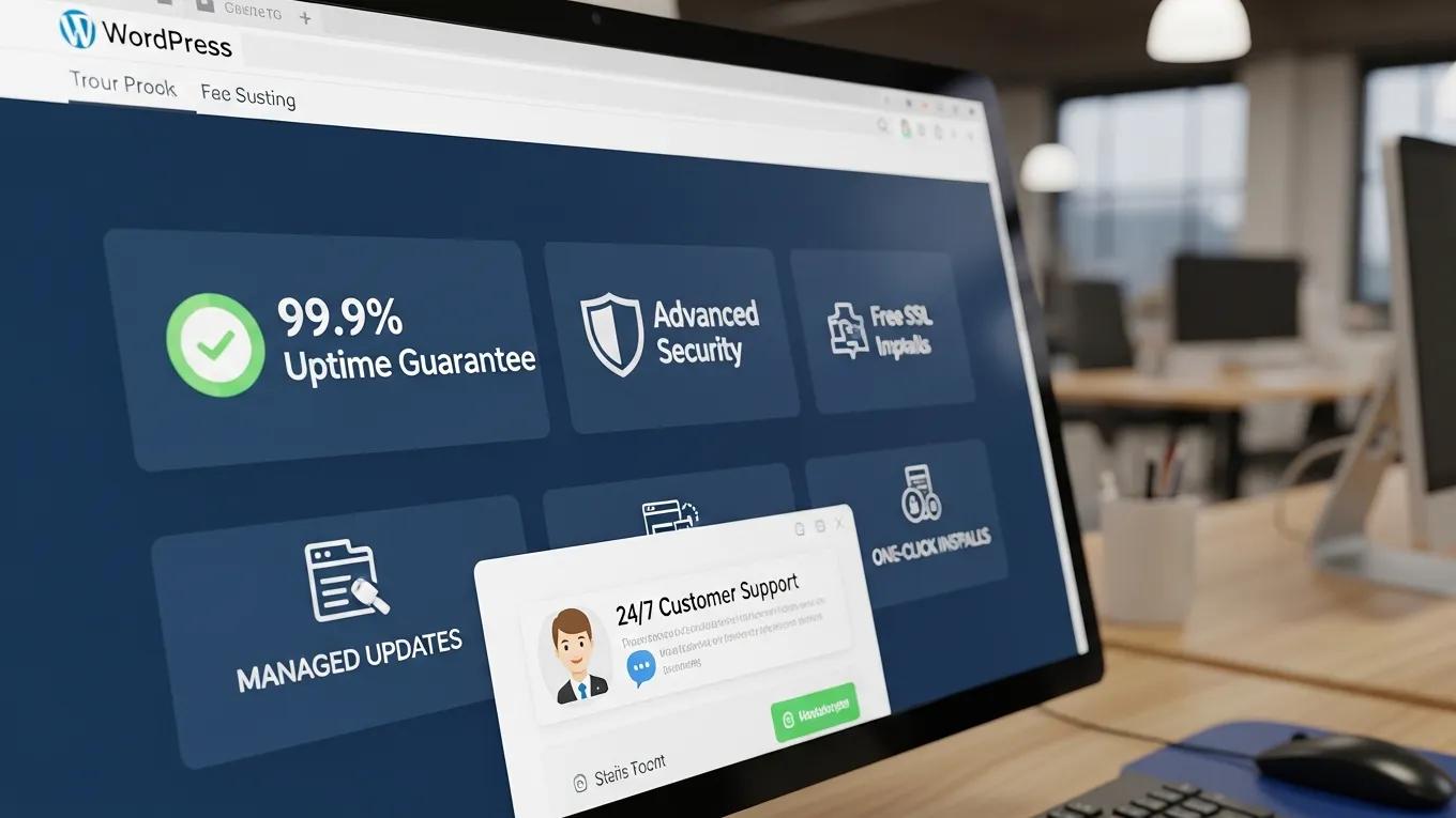 Close-up of computer screen highlighting key WordPress hosting features