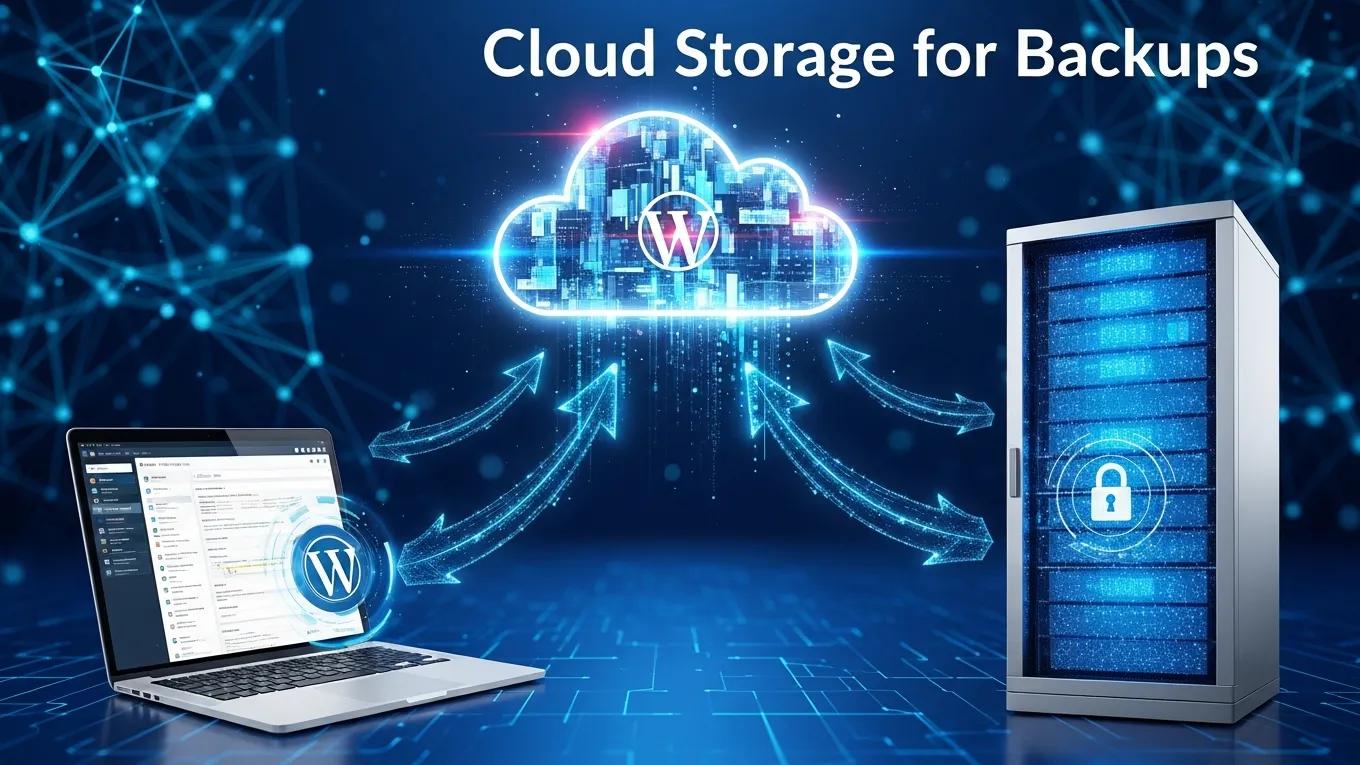 Cloud storage for WordPress backups with data transfer arrows and a laptop