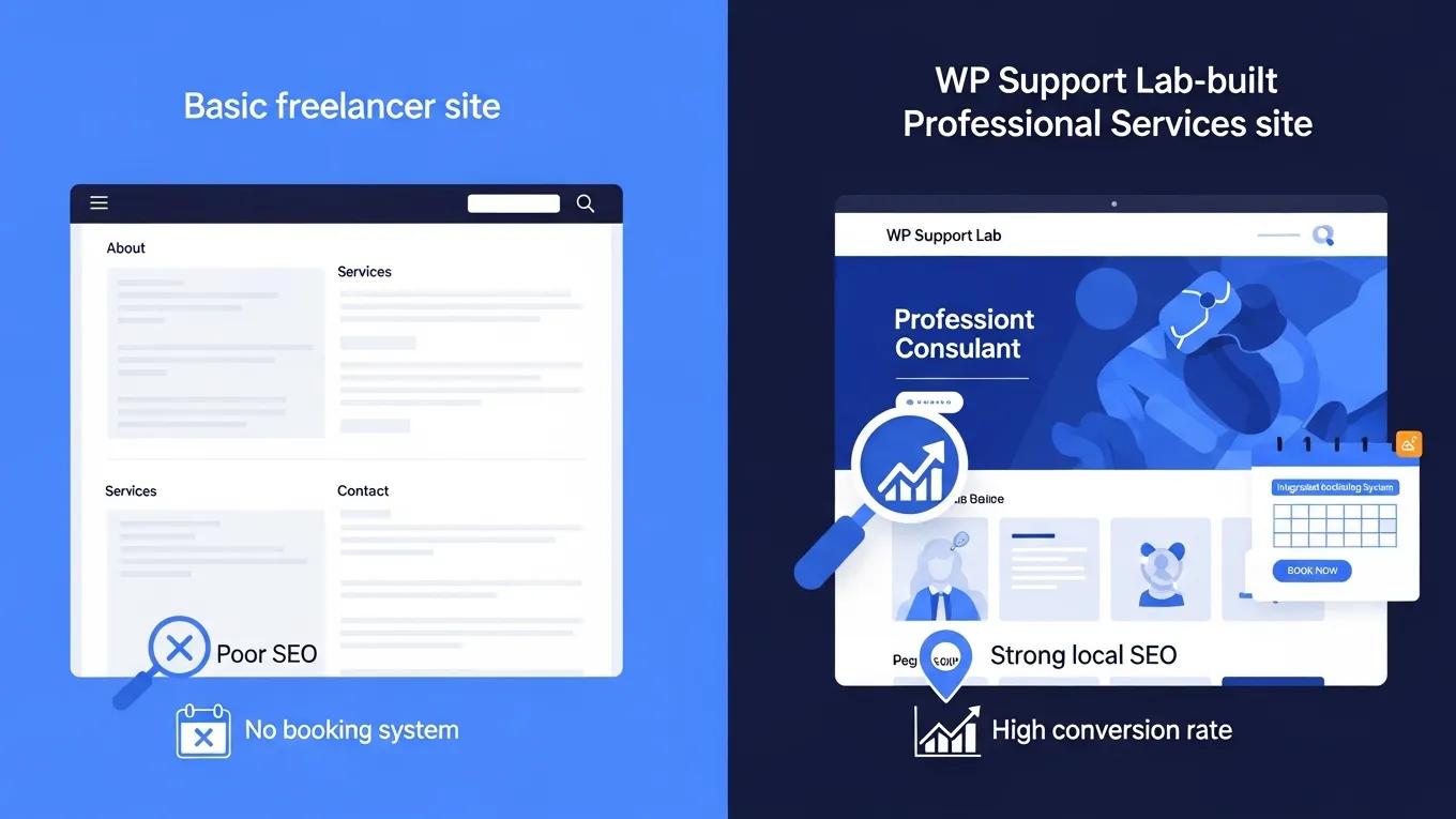 Comparison of a basic freelancer site and a WP Support Lab-built professional services site highlighting integrated scheduling and SEO