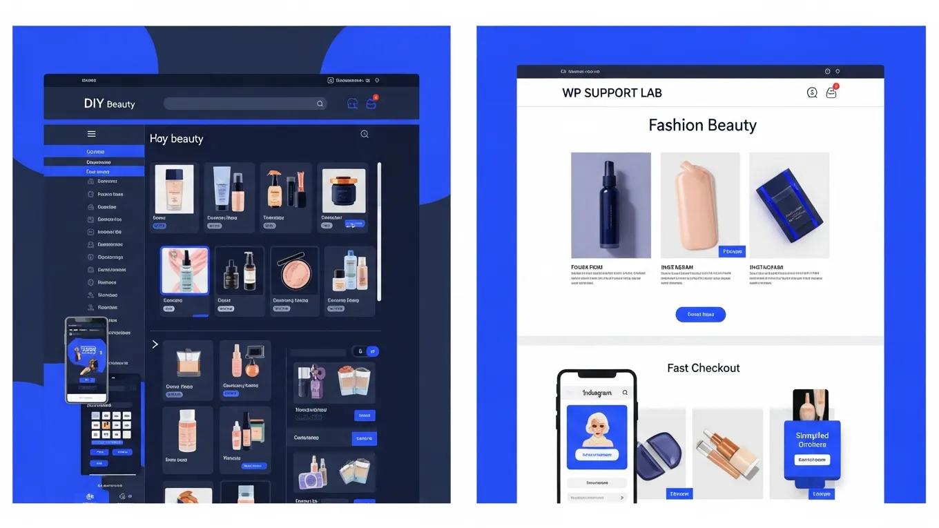 Comparison of a generic DIY beauty site and a WP Support Lab-built fashion beauty site showcasing design and functionality differences
