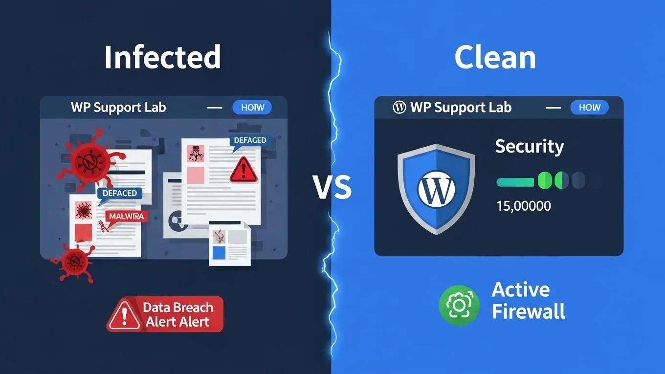 WordPress Malware Removal 2026 2 Comparison of an infected WordPress site with malware warnings and a clean site with security features