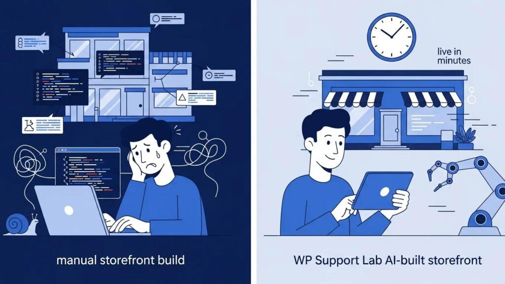 Comparison of manual storefront build versus WP Support Lab AI-built storefront illustrating speed and efficiency
