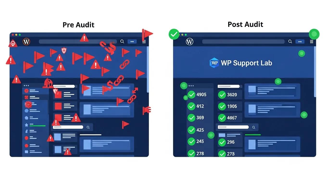 WordPress Site Audit 2026: The Complete Checklist for Site Health 2 Comparison of pre-audit and post-audit WordPress site performance and health