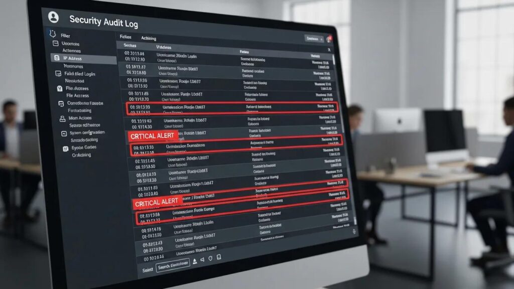 Computer screen showing a security audit log of user activities