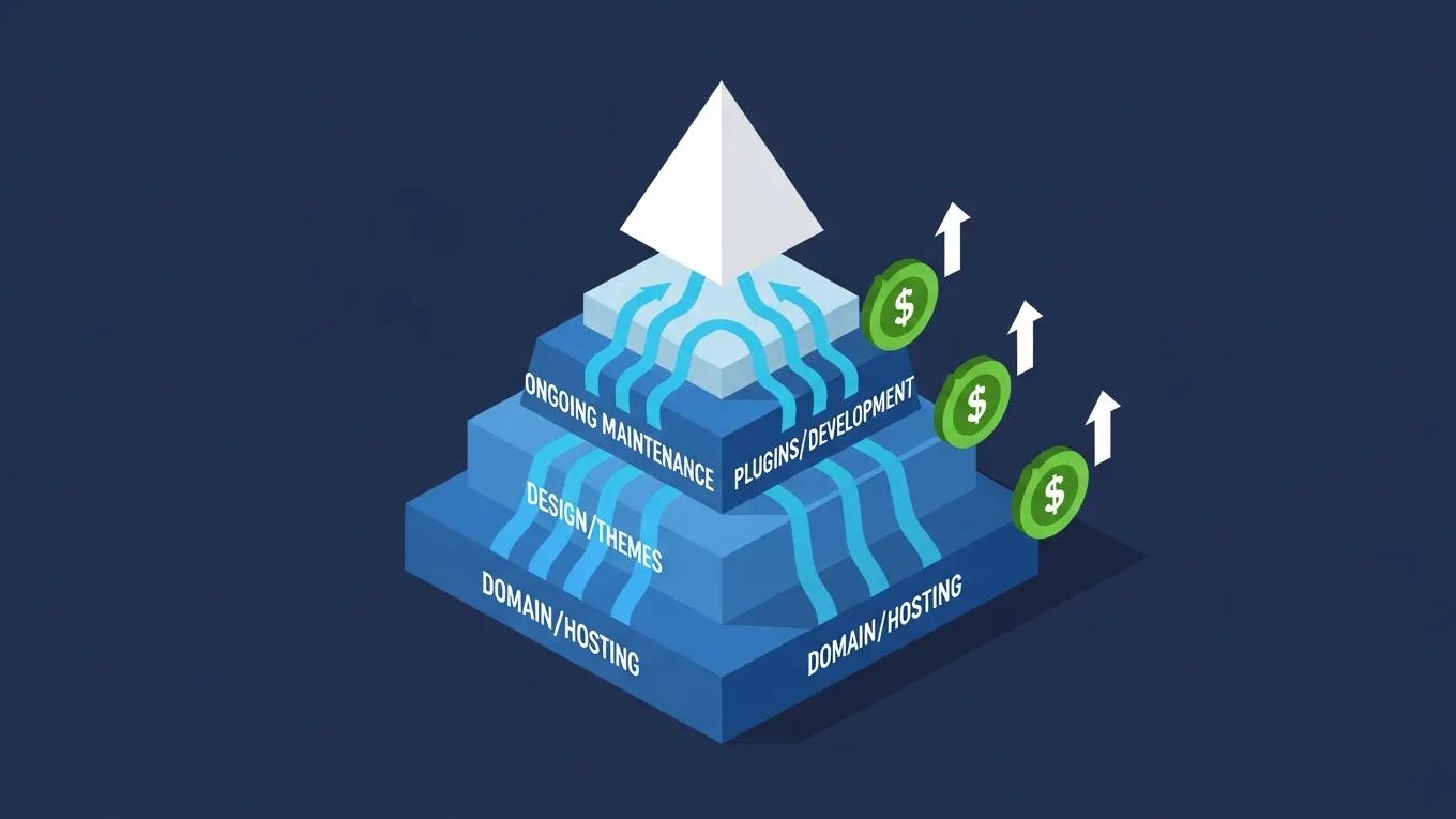 WordPress Website Cost 2026 1 Cost breakdown pyramid illustrating the hierarchy of expenses for WordPress website setup and maintenance