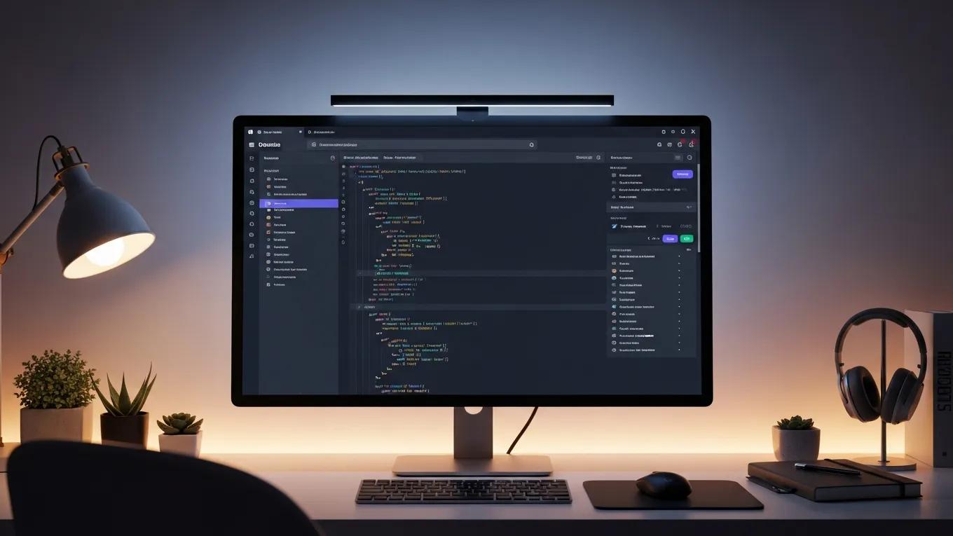 Dark mode web design interface on a computer screen, highlighting aesthetic appeal and user comfort in low-light conditions.
