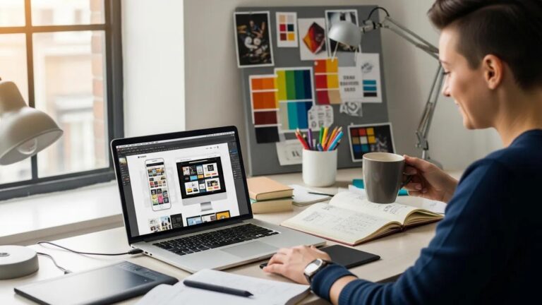 Blog 5 Designer working on responsive website layout on a laptop, emphasizing modern design tools and mobile optimization