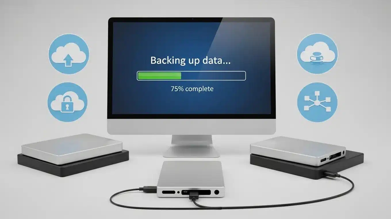 Why Managed WordPress Hosting Prevents Downtime 1 Digital backup process with a computer screen showing data backup, emphasizing security and recovery