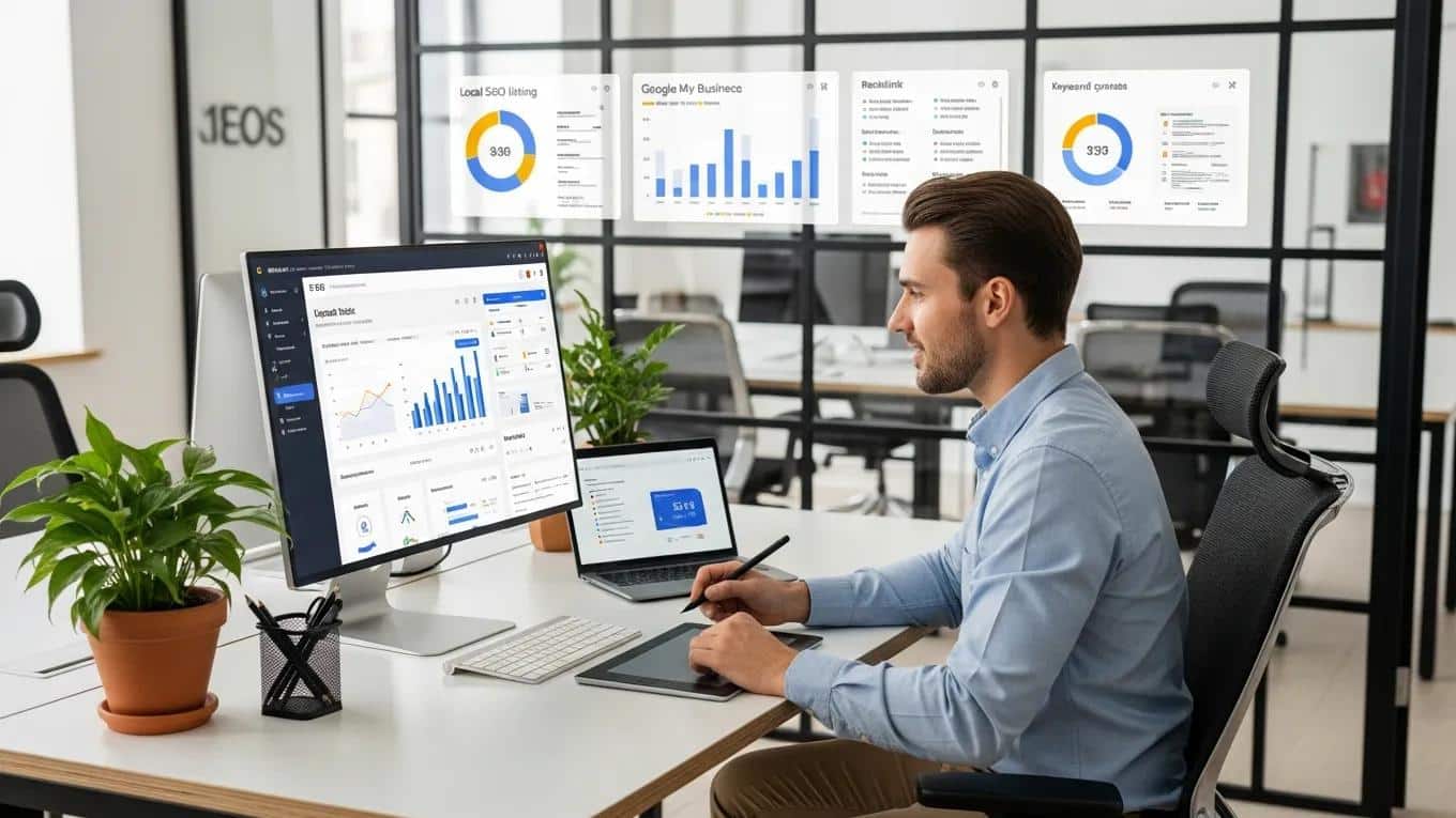 5 Key WordPress Growth Strategies for Agencies 2 Digital marketing professional analyzing SEO metrics and local listings for WordPress agency growth