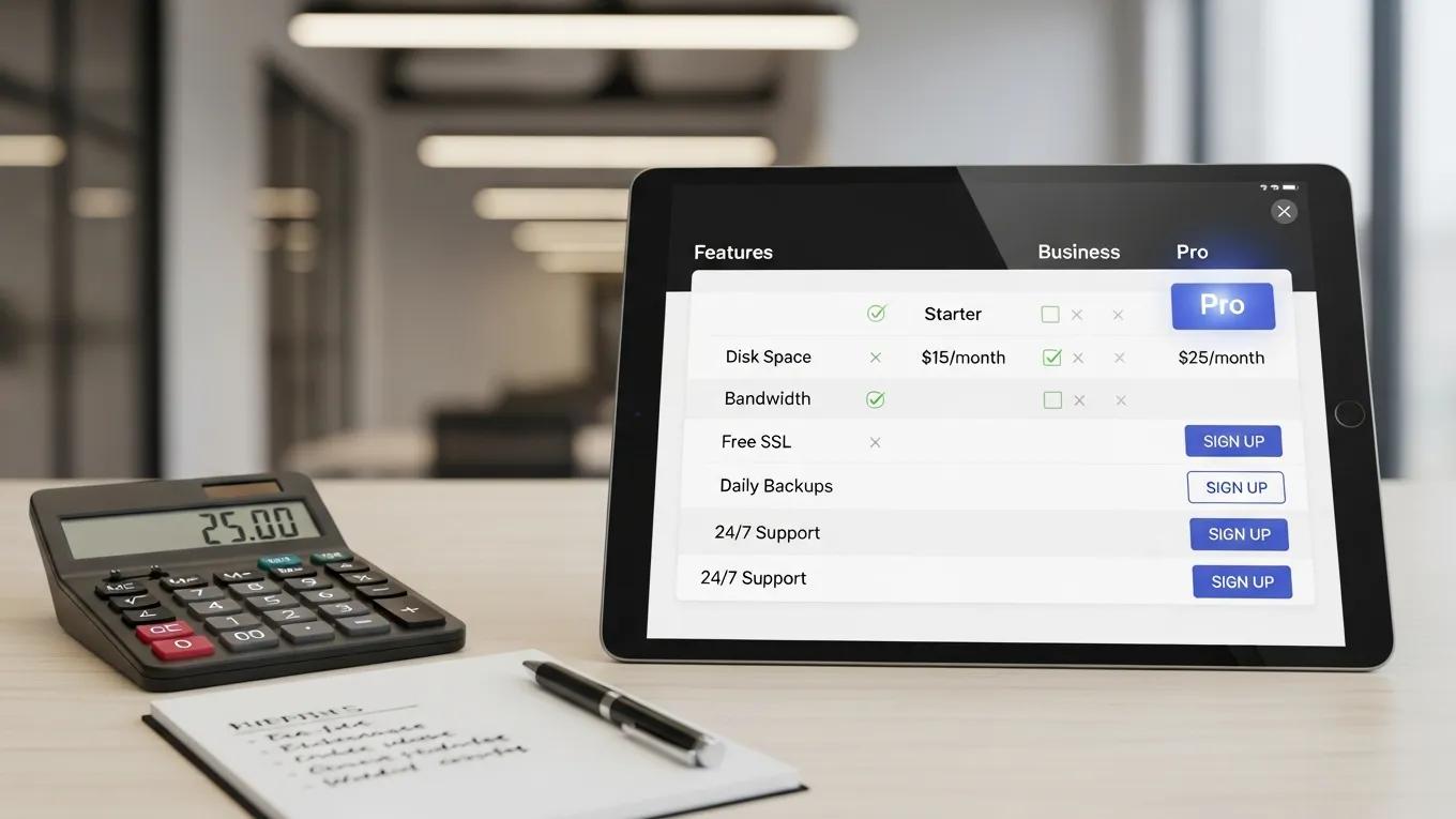 Digital pricing table for WordPress hosting plans on a modern desk
