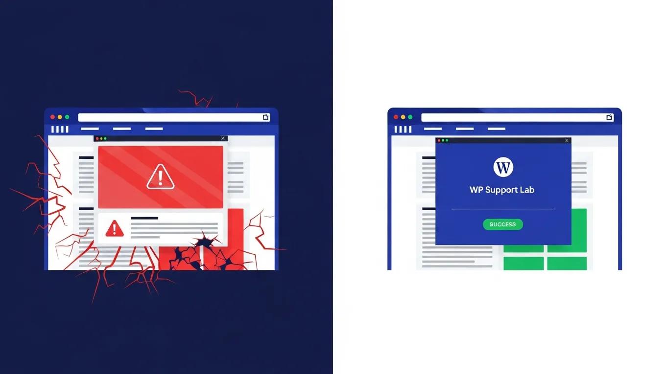 WordPress Backup Strategy 2026 2 Disaster recovery scenario illustrating a crashed WordPress site and successful restoration