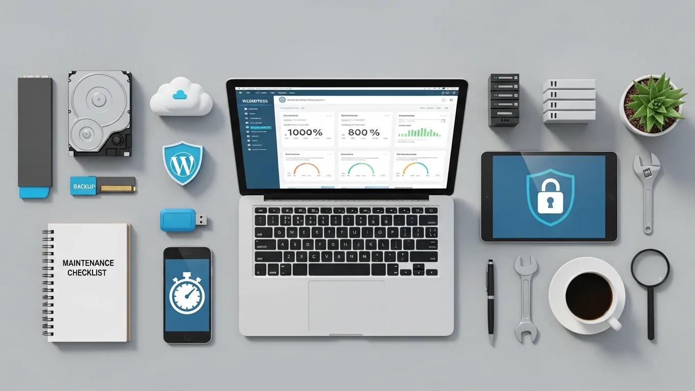 Flat lay of WordPress maintenance tools, showcasing backup solutions and security plugins for effective site management