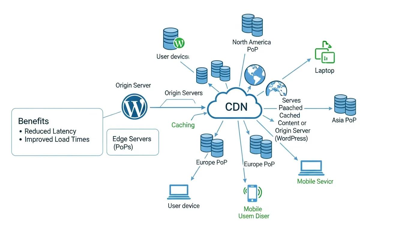 Flow diagram showing CDN setup for WordPress, illustrating content distribution and performance benefits