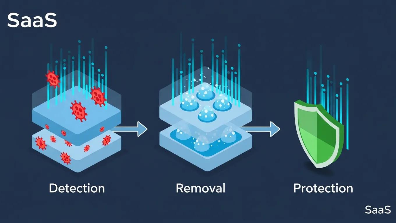 WordPress Malware Removal 2026 1 Illustration of a malware removal pipeline showcasing detection, removal, and protection layers