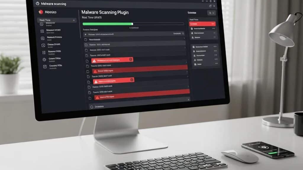 Interface of a malware scanning plugin showing active threat detection and scanning progress