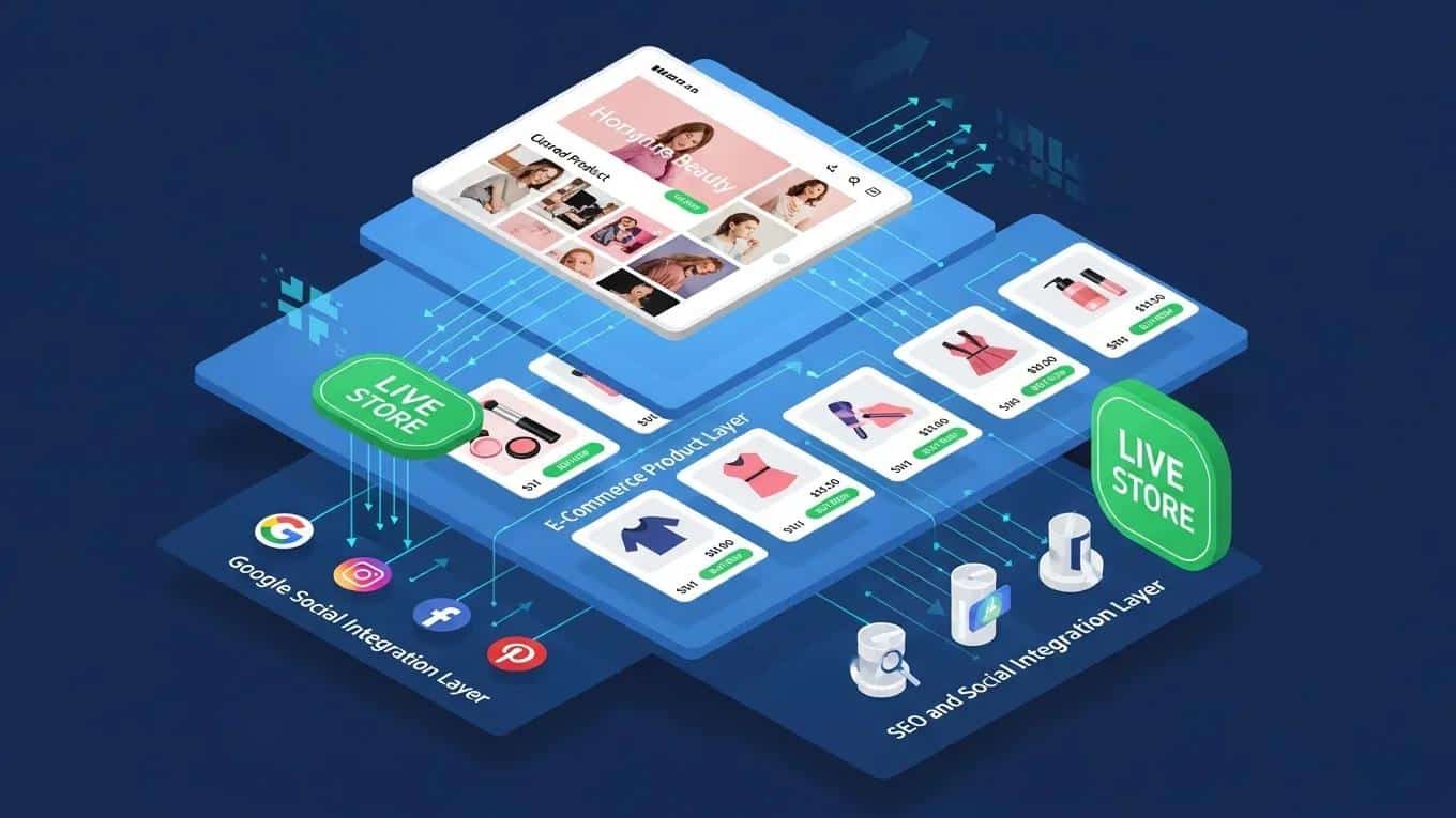 Isometric illustration of a fashion beauty website stack highlighting design, ecommerce, and SEO integration