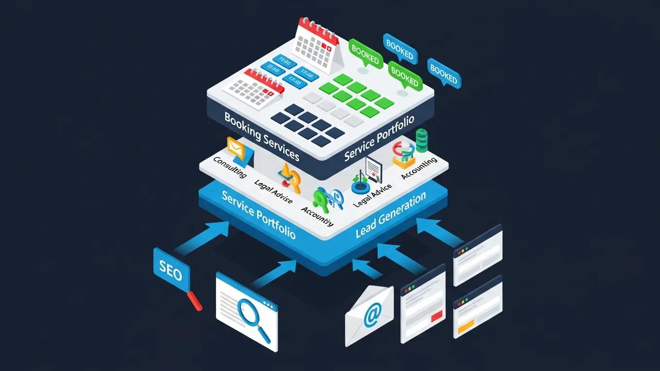 Isometric illustration of a professional services website stack highlighting booking and scheduling features