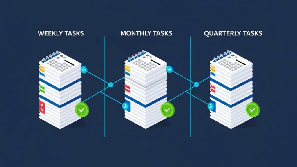 Isometric illustration of a WordPress maintenance calendar displaying weekly, monthly, and quarterly tasks with completion badges