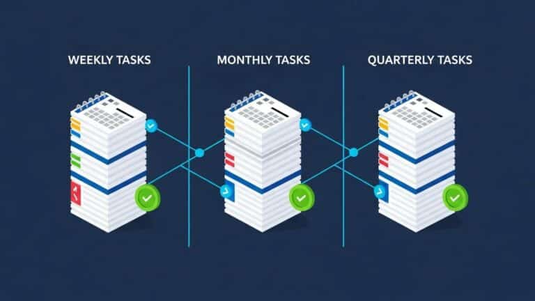 Blog 4 Isometric illustration of a WordPress maintenance calendar displaying weekly, monthly, and quarterly tasks with completion badges