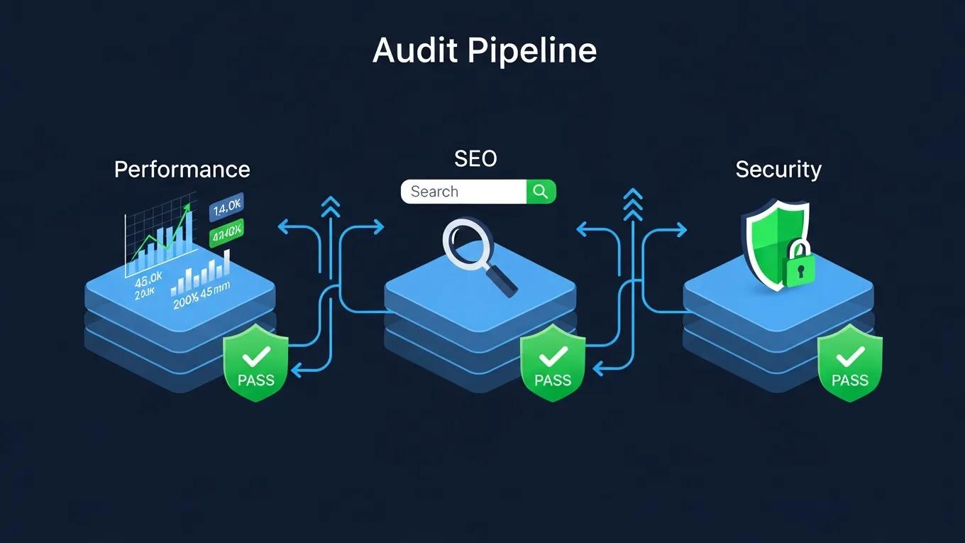 WordPress Site Audit 2026: The Complete Checklist for Site Health 1 Isometric illustration of an audit pipeline highlighting performance, SEO, and security layers