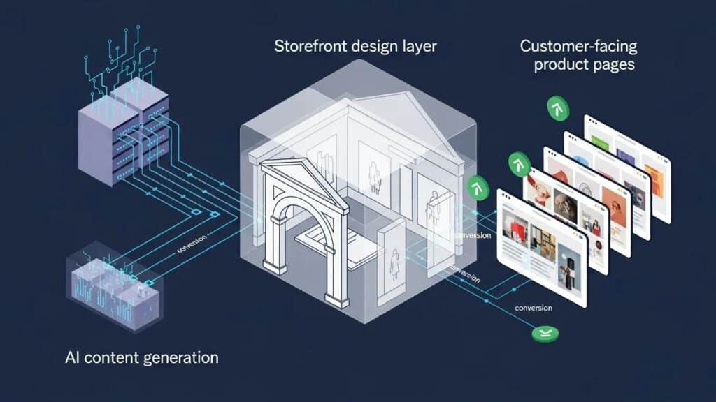 Isometric illustration of expertise storefront architecture highlighting AI content generation and customer-facing product pages