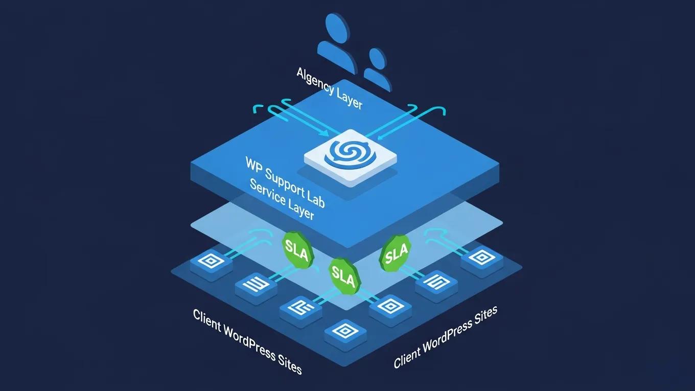 White Label WordPress Support 2026 1 Isometric illustration of white label support architecture showing agency, WP Support Lab, and client sites