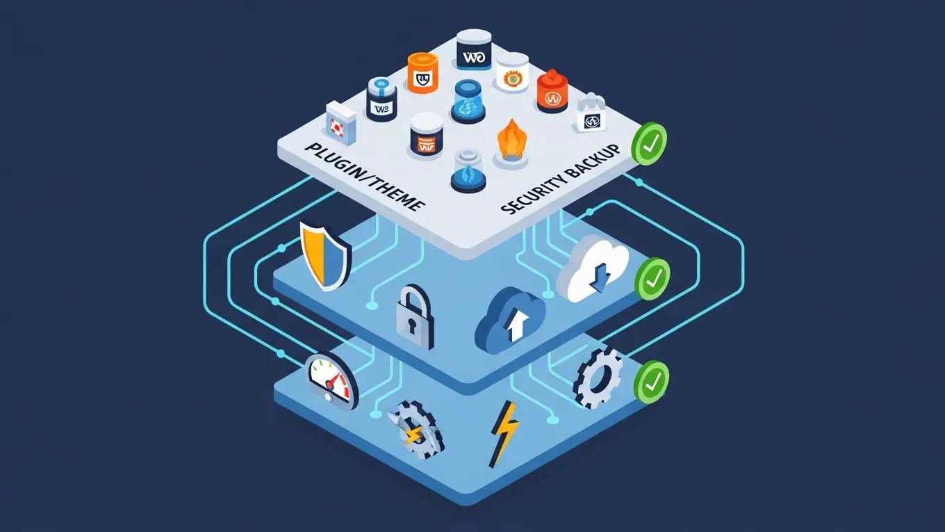 Isometric illustration of WooCommerce maintenance stack highlighting plugin, security, and performance layers