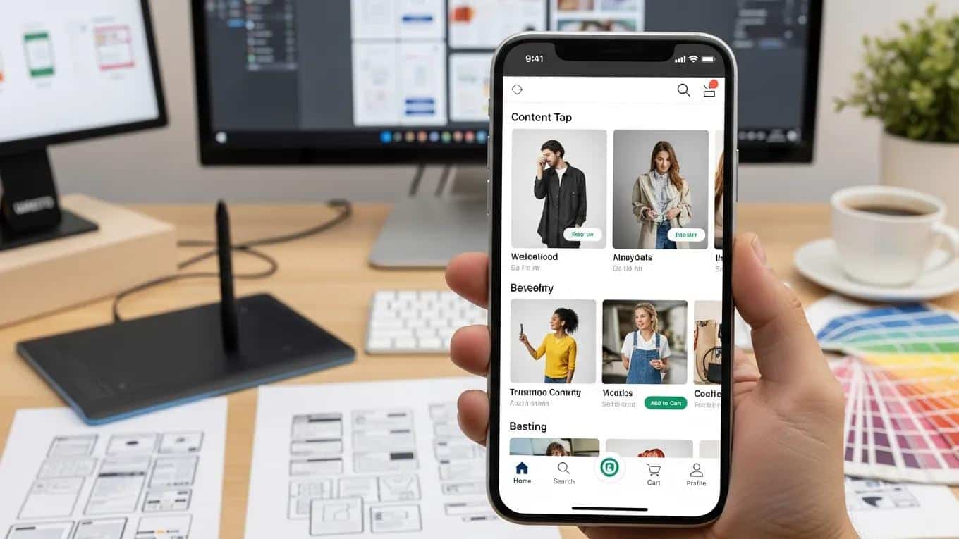 Mobile-first design concept with a smartphone showcasing a user-friendly interface, emphasizing accessibility and user-centered design principles.