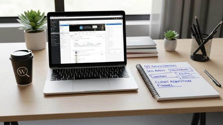 Blog 4 Modern digital marketing workspace with WordPress dashboard and growth strategy notes